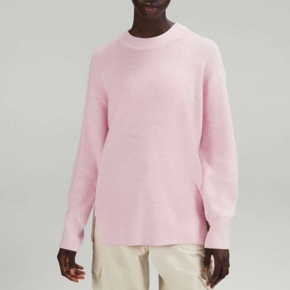 Lululemon Heather Pink Peony Merino Wool Blend Ribbed Crewneck Sweater Size 4